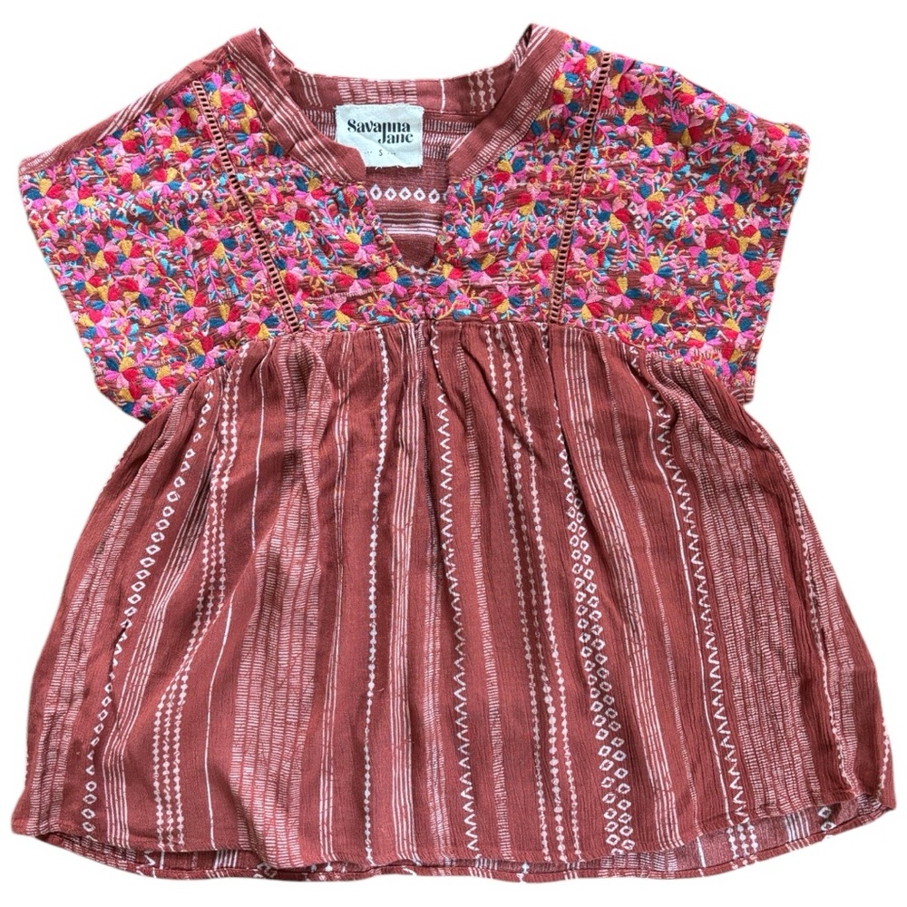 SAVANNA JANE Rust & Ivory Embroidered Short Sleeve Top (S)